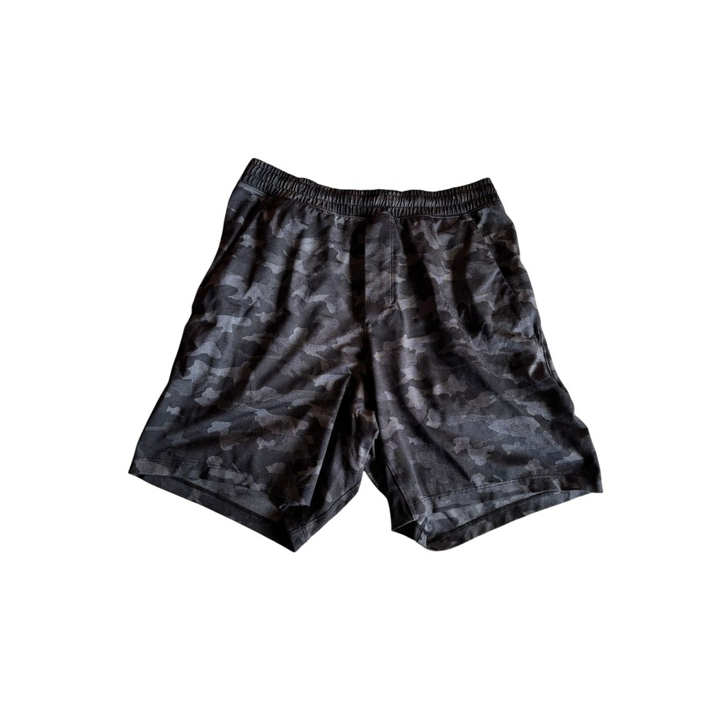 Lululemon Pace Breaker 7" Shorts Linerless Mens Medium Black‎ Grey Camo Athletic